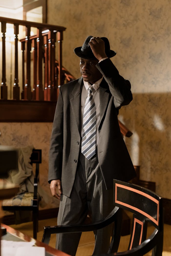 Stylish detective in a vintage setting wearing a fedora and suit, embodying a classic noir vibe.